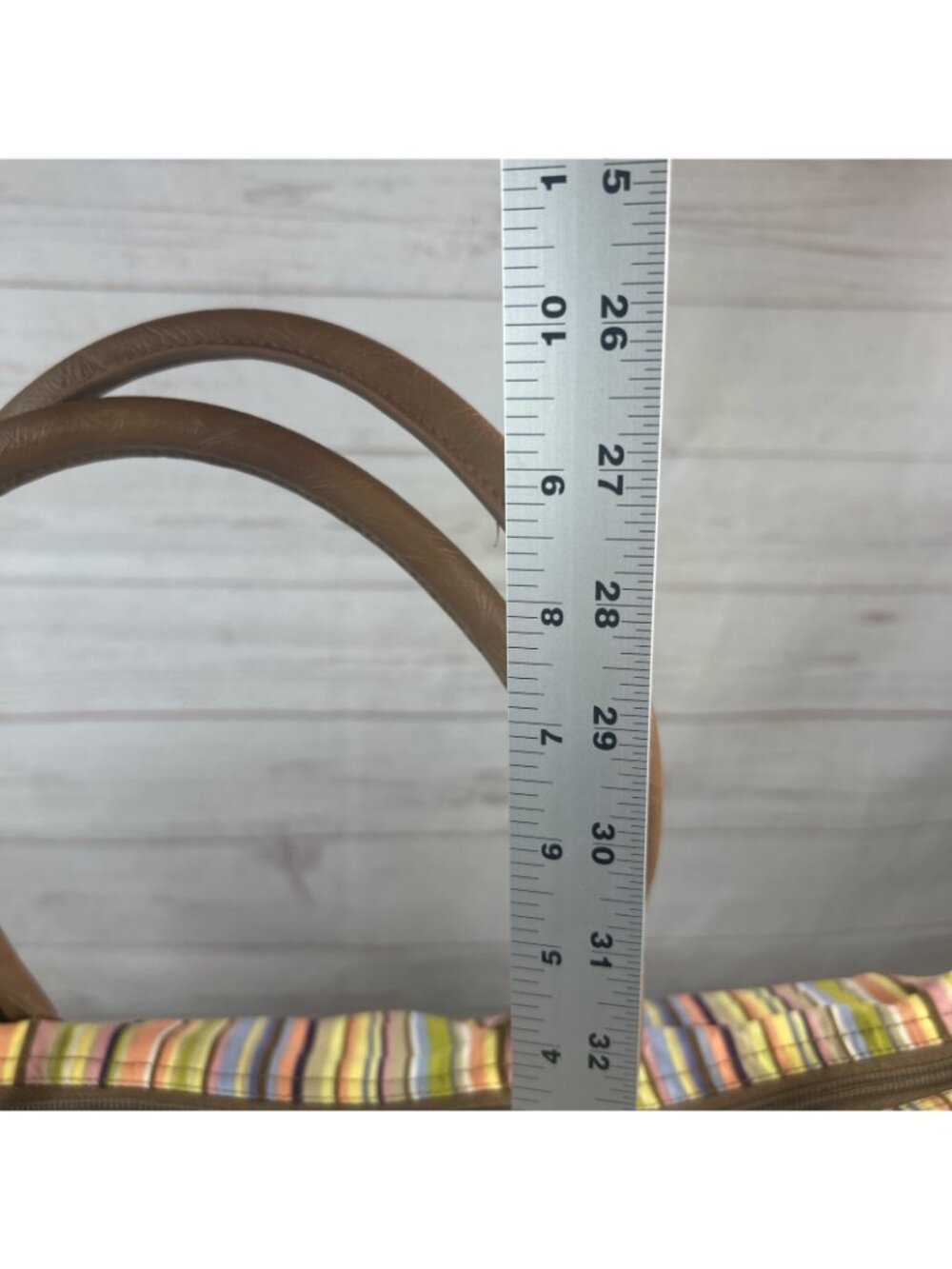 LONGABERGER Multicolor Blue Yellow Brown Stripe Weekender Tote Bag 17”x 13” - Picture 4 of 9
